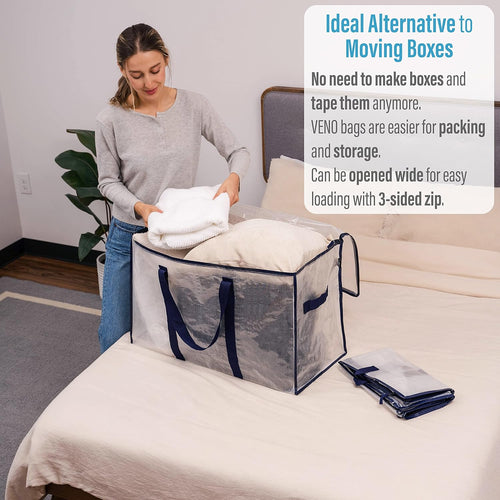 8 Pack Extra Large Moving Storage Bags with Zips, Heavy-Duty Organizer Tote, Moving Box Alternative, Packing Supply, Clothes Storage Bin, Tag Pocket for Label, Water-Resistant (Clear, 8 Pack)