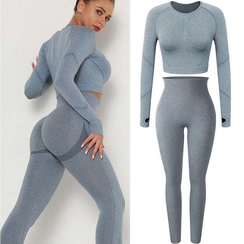Women Comfort Long Sleeve Crop Top Yoga Suit Gym Leggings Pants Gym Workout Set