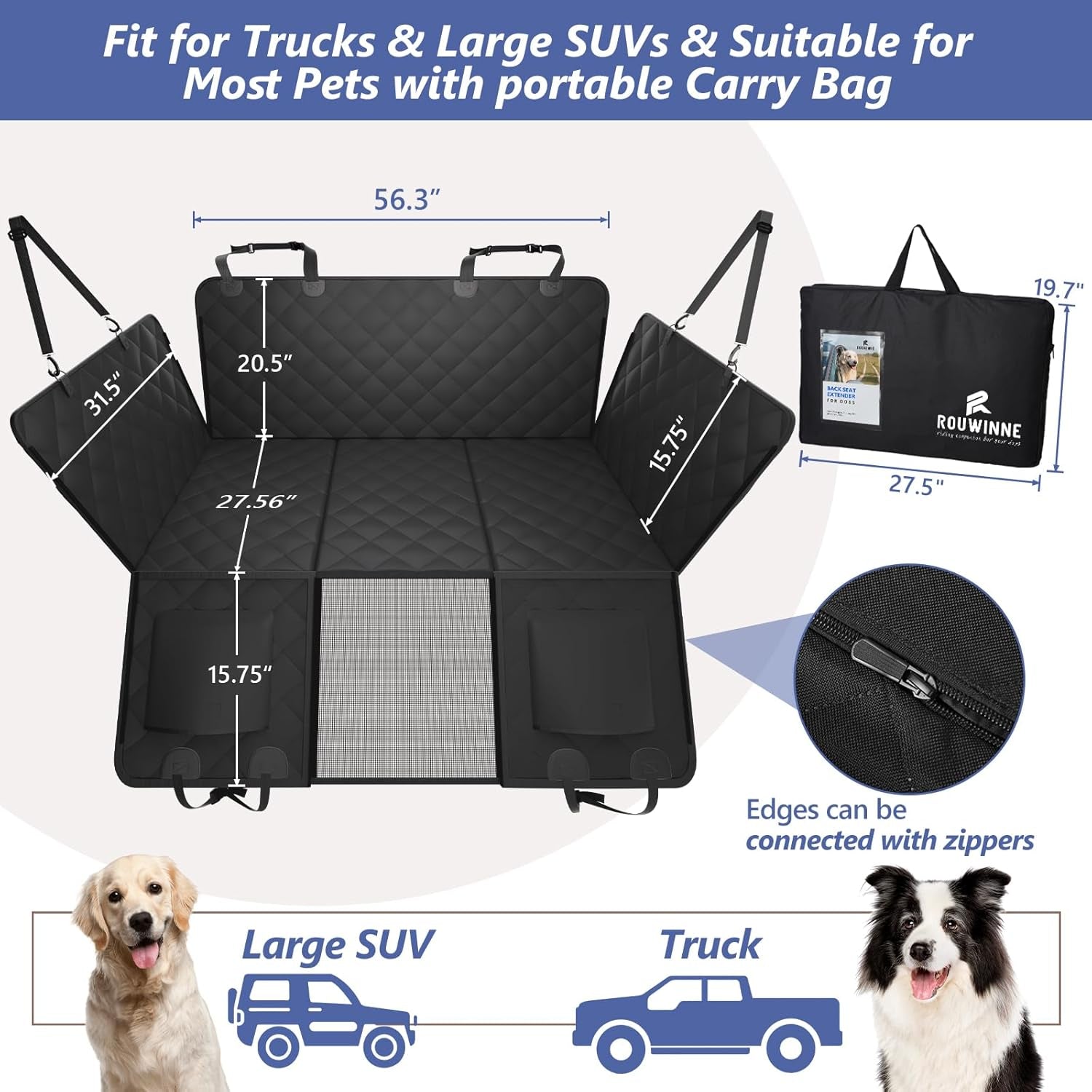 Back Seat Extender for Dogs - Large Space, Hard Bottom Holds 400Lbs, Sturdy Pet Seat Cover for Trucks, Waterproof Backseat Dog Hammock