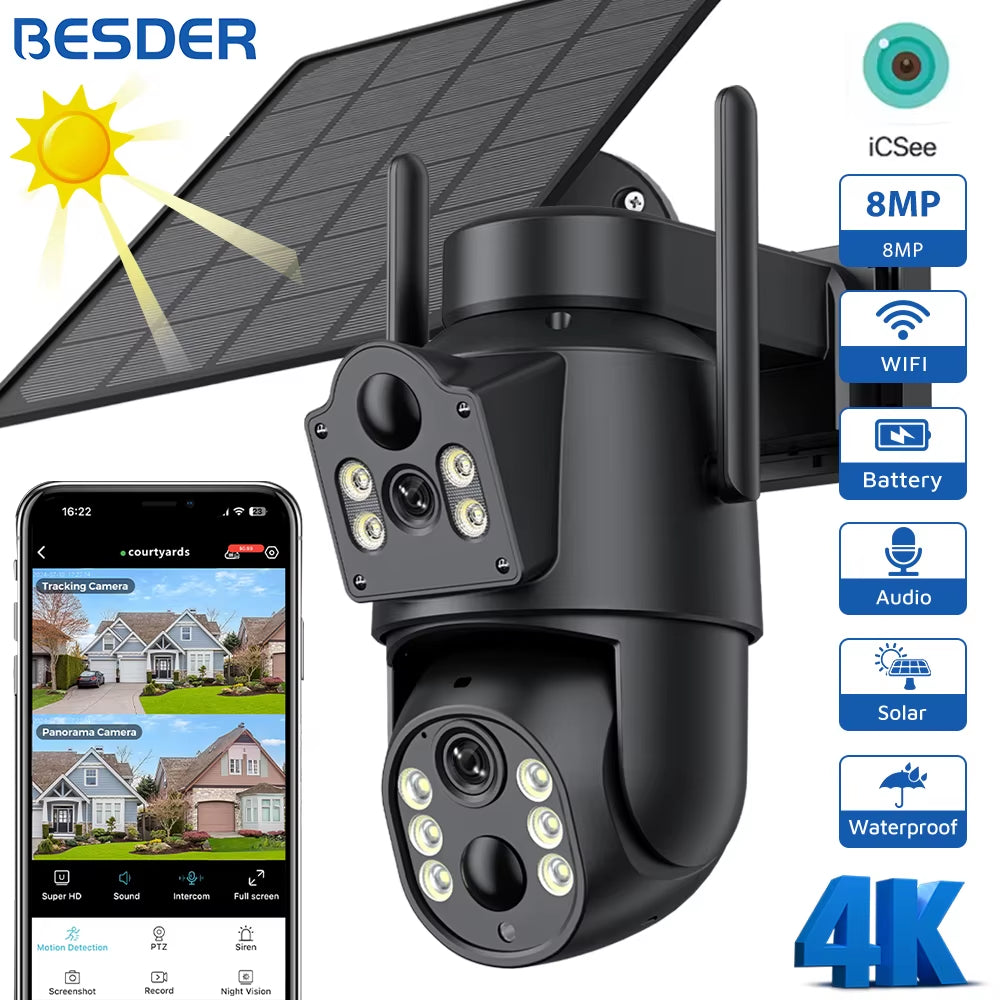 8MP Wifi Solar Camera Outdoor Dual Screens Built-In Battery Solar Panel Wireless CCTV Video Surveillance Camera Icsee