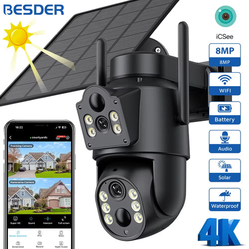 8MP Wifi Solar Camera Outdoor Dual Screens Built-In Battery Solar Panel Wireless CCTV Video Surveillance Camera Icsee