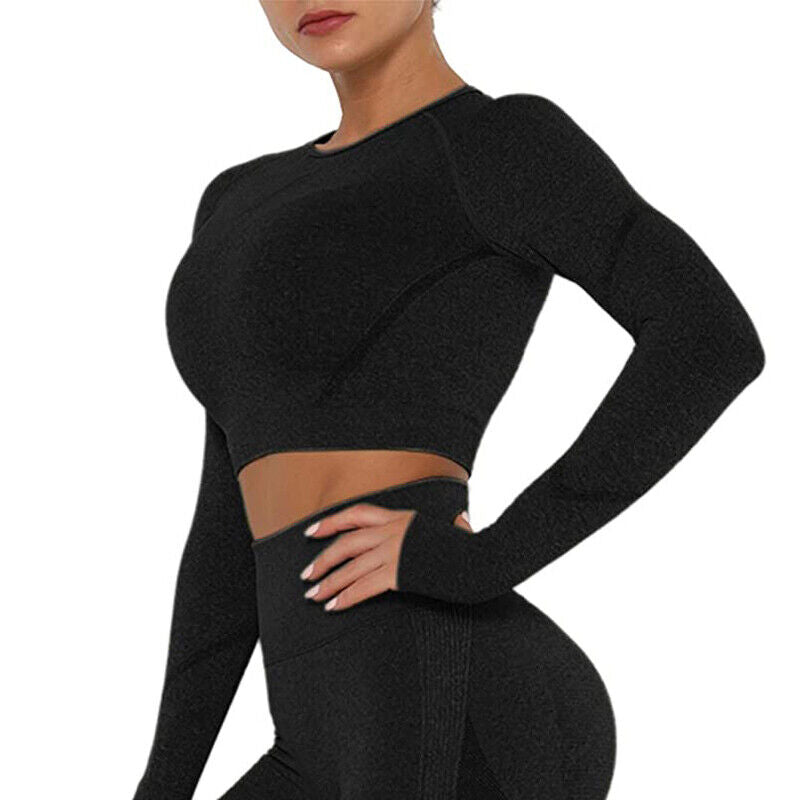 Women Comfort Long Sleeve Crop Top Yoga Suit Gym Leggings Pants Gym Workout Set