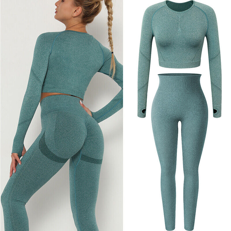 Women Comfort Long Sleeve Crop Top Yoga Suit Gym Leggings Pants Gym Workout Set