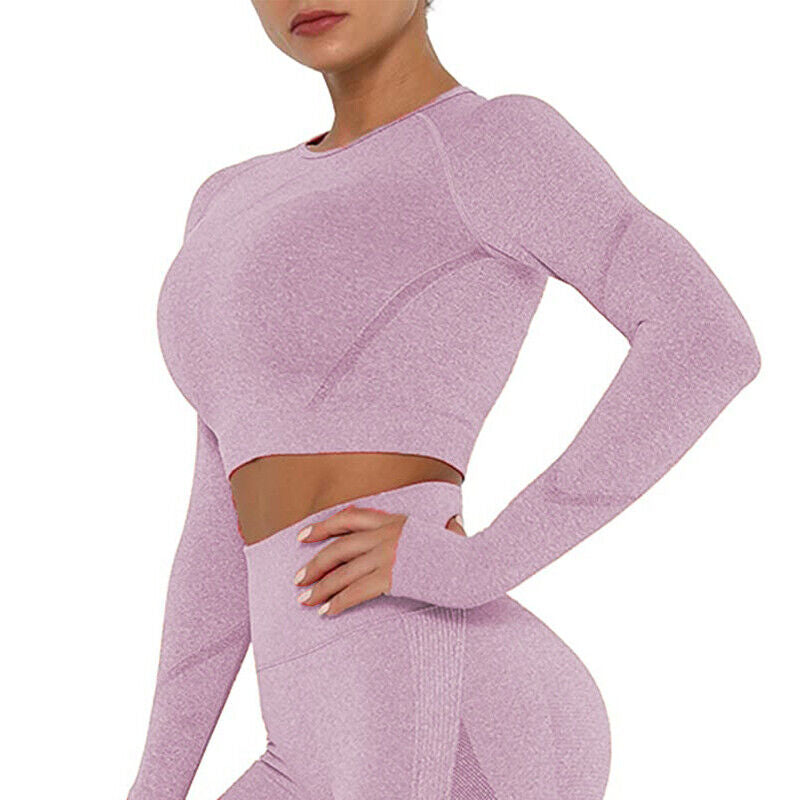 Women Comfort Long Sleeve Crop Top Yoga Suit Gym Leggings Pants Gym Workout Set
