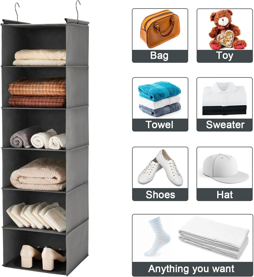 6 Tier Shelf Hanging Closet Organizer, Closet Hanging Shelf with 2 Sturdy Hooks for Storage, Foldable (Grey)