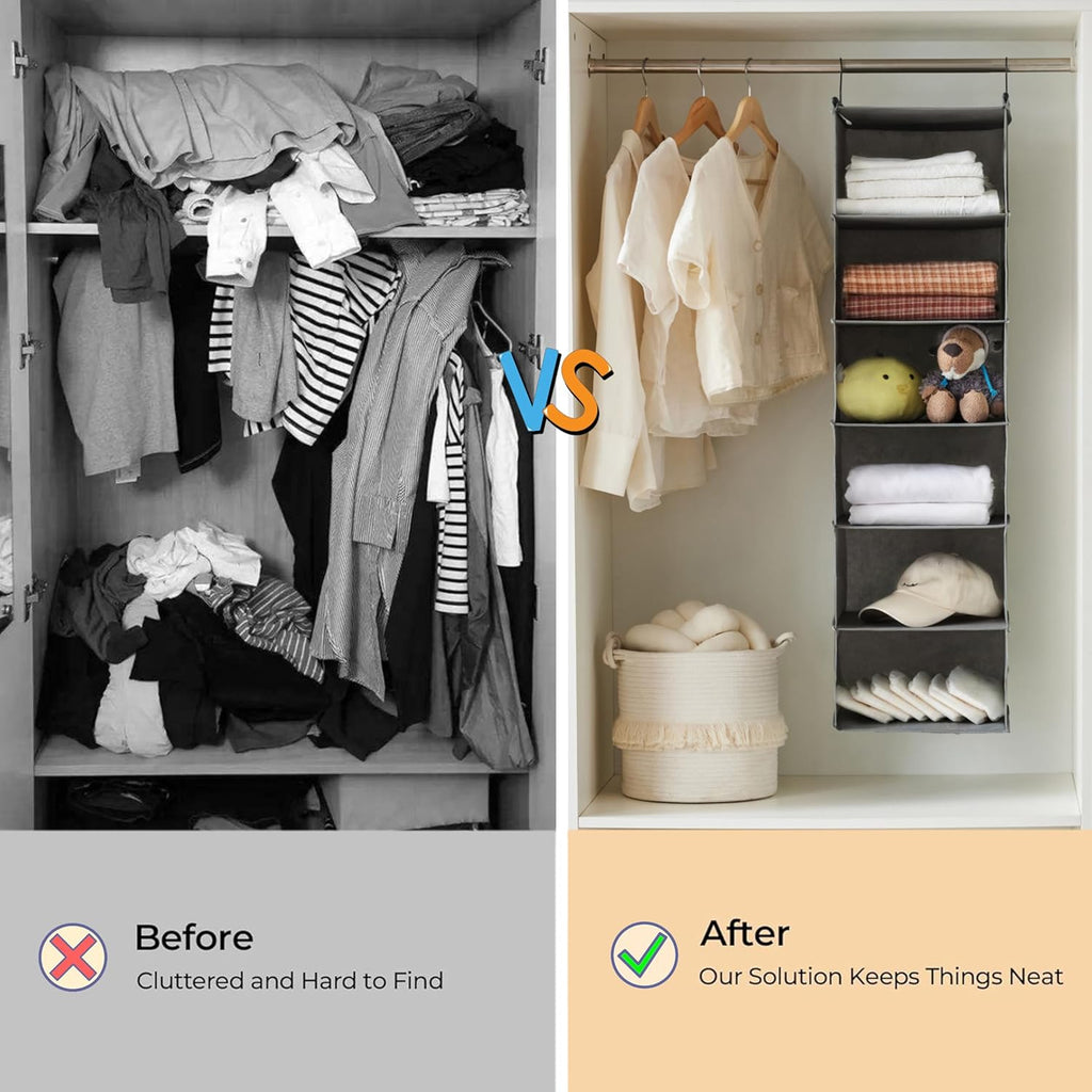 6 Tier Shelf Hanging Closet Organizer, Closet Hanging Shelf with 2 Sturdy Hooks for Storage, Foldable (Grey)