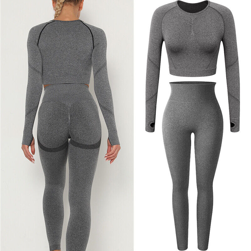 Women Comfort Long Sleeve Crop Top Yoga Suit Gym Leggings Pants Gym Workout Set