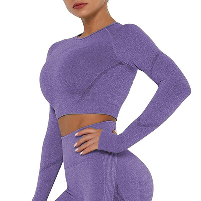 Women Comfort Long Sleeve Crop Top Yoga Suit Gym Leggings Pants Gym Workout Set
