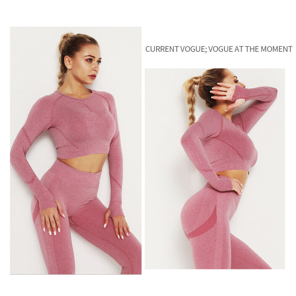 Women Comfort Long Sleeve Crop Top Yoga Suit Gym Leggings Pants Gym Workout Set