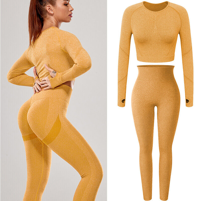 Women Comfort Long Sleeve Crop Top Yoga Suit Gym Leggings Pants Gym Workout Set