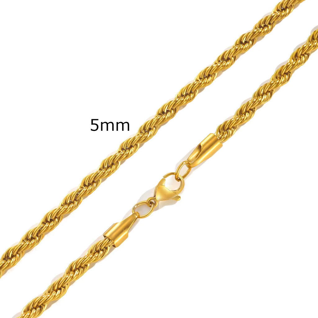Ropes Long Necklace for Men Women,Stainless Steel Gold Color Twisted Rope Chain Collar,2/3/4/5Mm Punk Basic Waterproof Jewelry