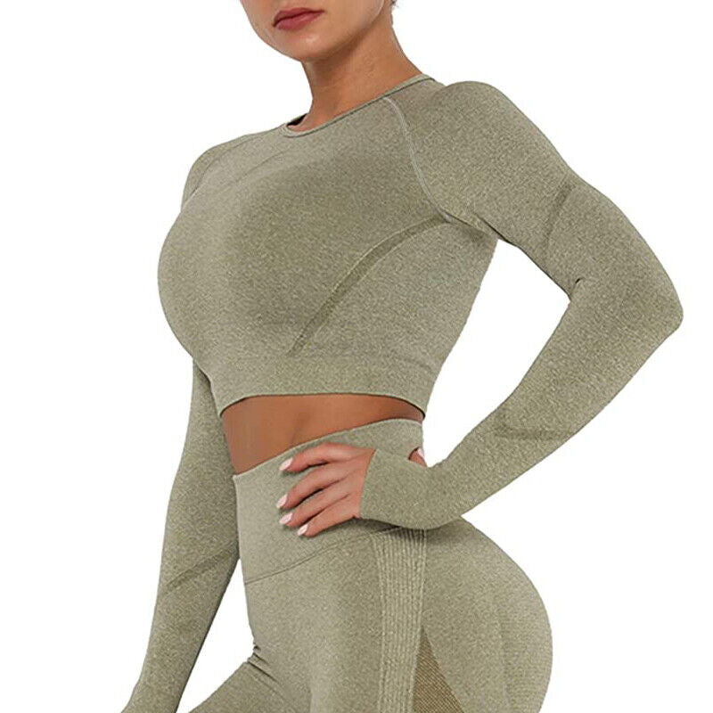 Women Comfort Long Sleeve Crop Top Yoga Suit Gym Leggings Pants Gym Workout Set