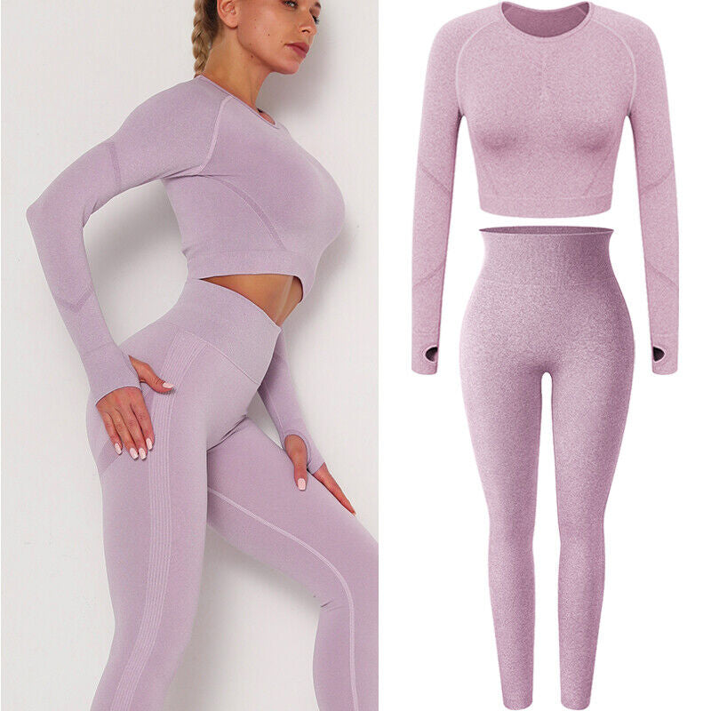 Women Comfort Long Sleeve Crop Top Yoga Suit Gym Leggings Pants Gym Workout Set