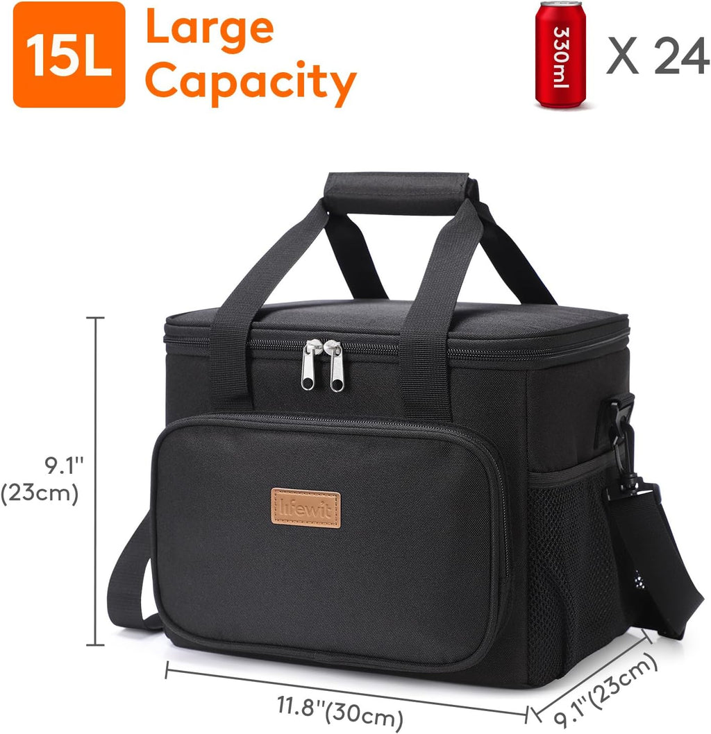 Lunch Bag 15L 24 Can Insulated Lunch Box Soft Cooler Cooling Tote for Adult Men Women, Black