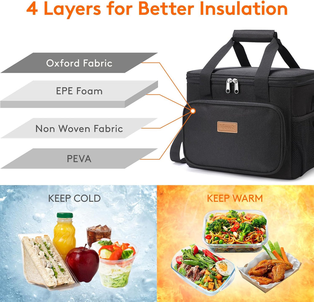 Lunch Bag 15L 24 Can Insulated Lunch Box Soft Cooler Cooling Tote for Adult Men Women, Black