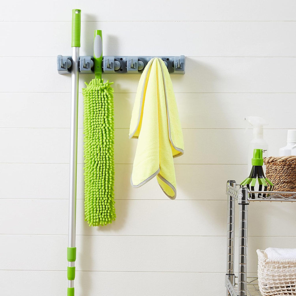 Rectangular Wall Mount Broom Holder and Garden Tool Organizer, 6 Hook and 5 Slot, 43 X 8.5 X 6.2 Cm, Gray