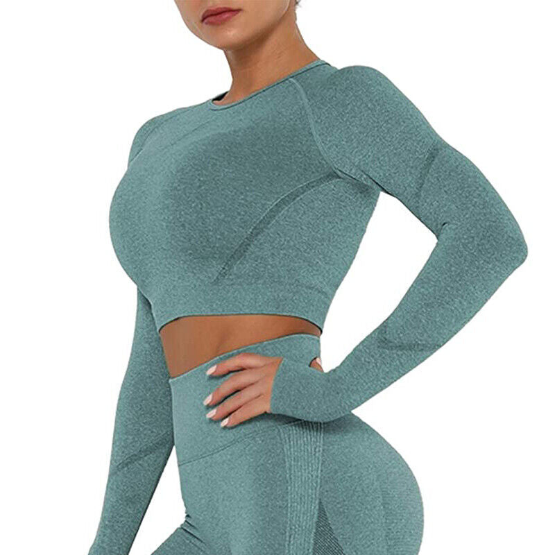 Women Comfort Long Sleeve Crop Top Yoga Suit Gym Leggings Pants Gym Workout Set
