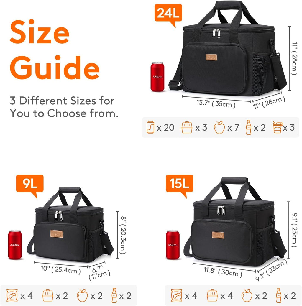 Lunch Bag 15L 24 Can Insulated Lunch Box Soft Cooler Cooling Tote for Adult Men Women, Black