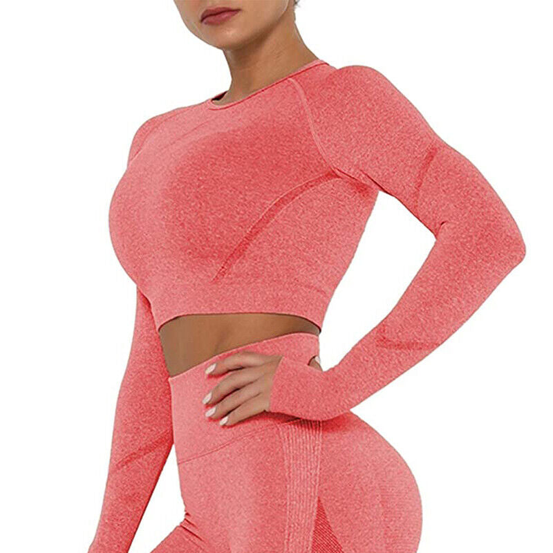Women Comfort Long Sleeve Crop Top Yoga Suit Gym Leggings Pants Gym Workout Set