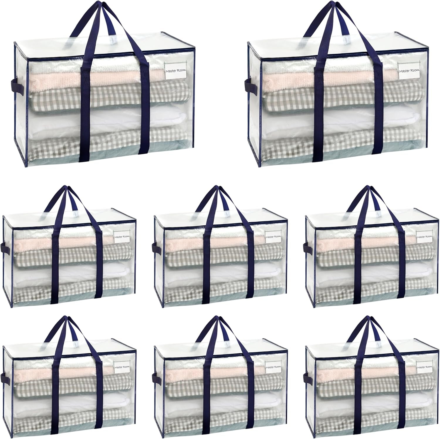 8 Pack Extra Large Moving Storage Bags with Zips, Heavy-Duty Organizer Tote, Moving Box Alternative, Packing Supply, Clothes Storage Bin, Tag Pocket for Label, Water-Resistant (Clear, 8 Pack)