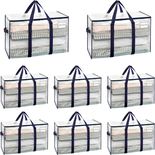 8 Pack Extra Large Moving Storage Bags with Zips, Heavy-Duty Organizer Tote, Moving Box Alternative, Packing Supply, Clothes Storage Bin, Tag Pocket for Label, Water-Resistant (Clear, 8 Pack)